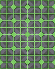 A geometric arrangement features octagonal shapes displayed in neat rows against a bright green backdrop, showcasing modern art