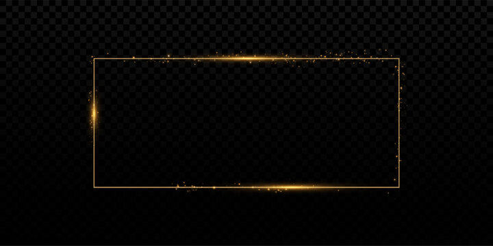 Elegant Gold Rectangle Frame with Dust and Glitter Overlay. Shining Golden Border for Holiday Cards, Blank Invitations, Banners, Luxury Decoration, and Advertising Design on Transparent