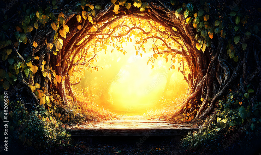Poster magical autumnal forest scene with a glowing path leading through ancient, intertwined trees. perfec