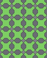 A vibrant pattern featuring interlocking hexagons and octagons in shades of gray on a bright green background showcases modern design
