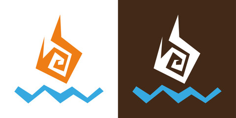 Abstract tribal flame over water logo with inner swirl. Elemental symbol inspired by ancient mural art.