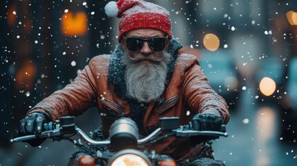 Mature Man in Santa Hat Riding Motorcycle Through Snowy City at Night