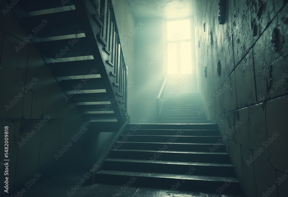 Aufkleber mysterious staircase in fog with warm light atmospheric scene for suspense mystery and fantasy