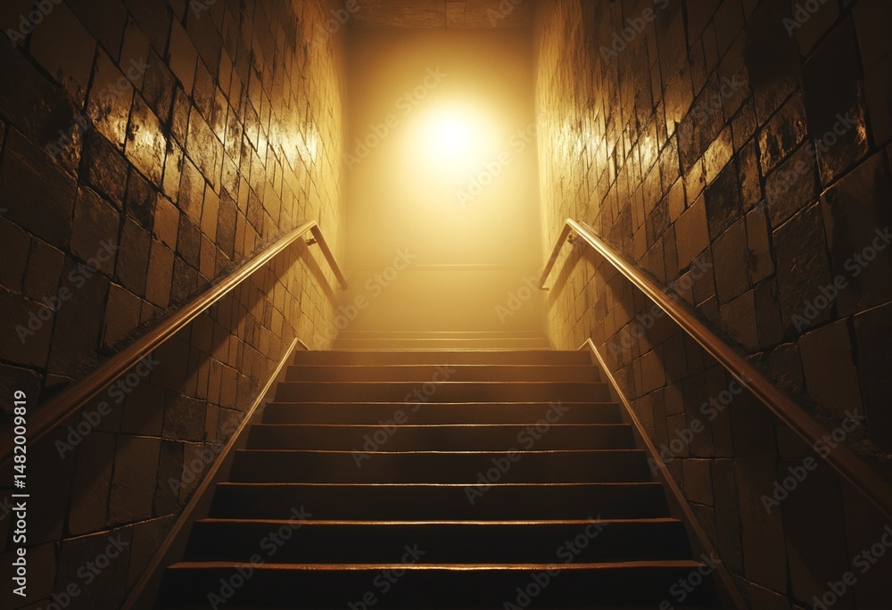 Poster mysterious staircase in fog with warm light atmospheric scene for suspense mystery and fantasy