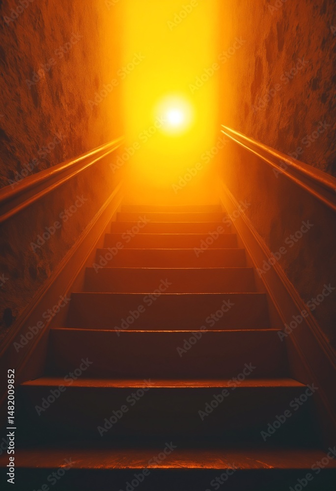 Poster mysterious staircase in fog with warm light atmospheric scene for suspense mystery and fantasy