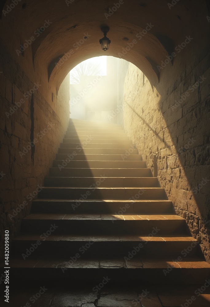 Poster mysterious staircase in fog with warm light atmospheric scene for suspense mystery and fantasy