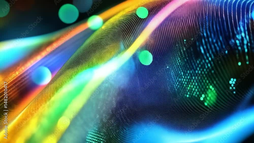 Poster abstract flowing wave of colorful glowing lights and dots representing information, digital data, an