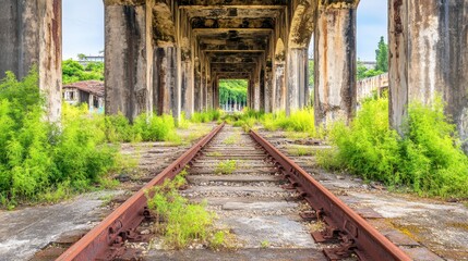 Rusty Railroad Tracks Overgrown Nature Abandoned Railway Concrete Structure old path train rails