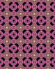 Vibrant geometric pattern showcases interwoven shapes in pink and gold against a deep purple backdrop, creating a lively visual effect