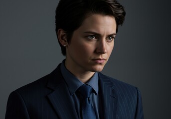 A confident woman in a sharp pinstripe suit with a tie. Representing professional style and gender non-conformity. Ideal for business and diversity concepts.