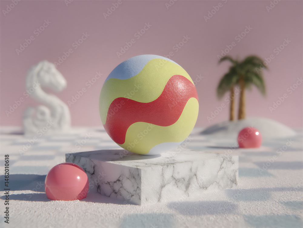 Poster soft and abstract 3d rendering featuring pulsating pastel light rays in coral, sky blue, and lemon y