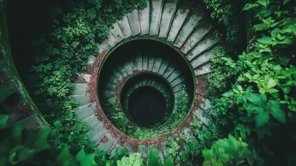 Overgrown Spiral Staircase Nature Photography Deep Green Lush Foliage Ancient Stone Steps top old
