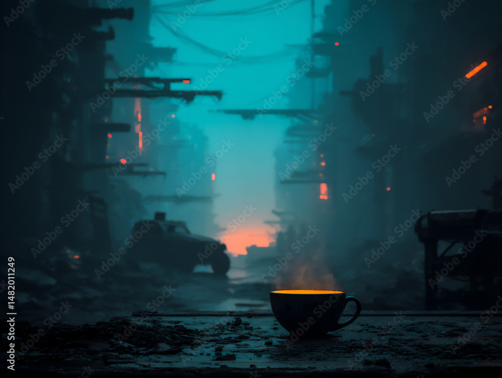 Poster dreamlike and futuristic 3d rendering of a tea time scene at dawn with soft blue and purple light il