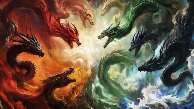 Fantastic colorful dragons art illustration, various elemental dragons, mythical powerful fantasy animals, fantasy themed digital artwork