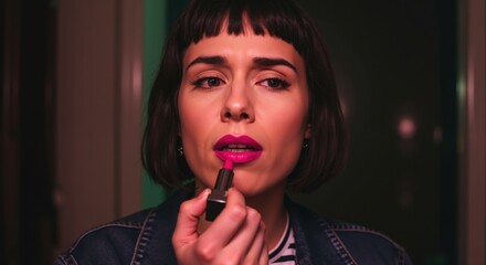 Woman applying bright pink lipstick. Non-binary person doing makeup. Gender identity and transgender awareness. Inclusion lifestyle and diversity concept.