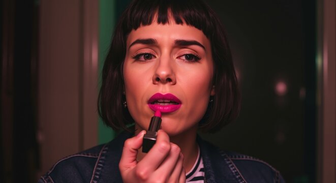 Woman applying bright pink lipstick. Non-binary person doing makeup. Gender identity and transgender awareness. Inclusion lifestyle and diversity concept.