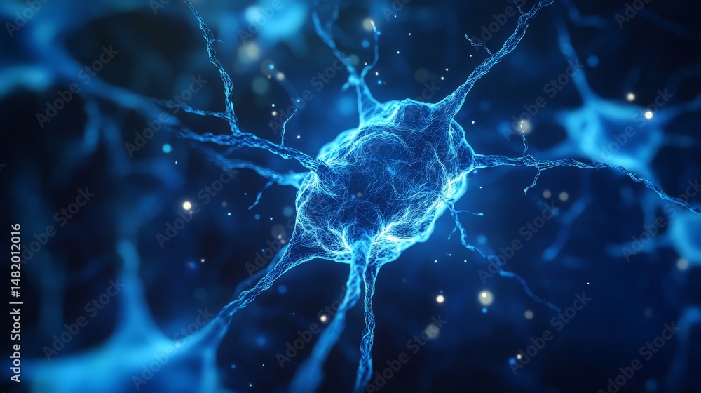 Poster abstract blue neural network with intricate neuron connections on a scientific background, digital i