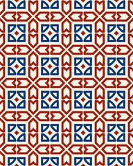Intricate design showcases a vibrant pattern with red and blue shapes on a clean white background, creating a striking visual appeal