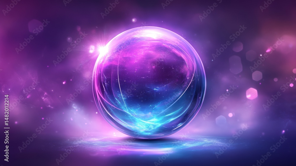Poster abstract glowing purple and blue sphere with dynamic lines and bokeh background representing futuris