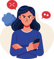 Angry woman online, texting hate comment on mobile phone. Aggressive person with smartphone, chatting in social media, internet conflict. Flat vector illustration isolated on white background 