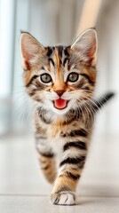 Naklejka premium Tabby Kitten Playful Walking Towards Camera With Mouth Open Against Blurred Indoor Background Domestic Pet Concept