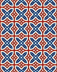 A vibrant design showcases interlocking red and blue shapes creating an intriguing geometric pattern suitable for various uses