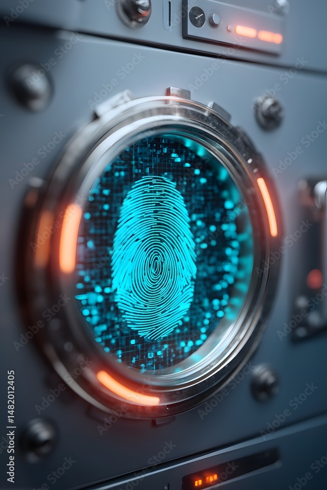 Aufkleber fingerprint scan over a crypto vault hologram representing technological security