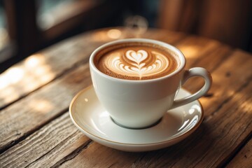 Artistic Latte Art Coffee Cup on Rustic Wooden Table