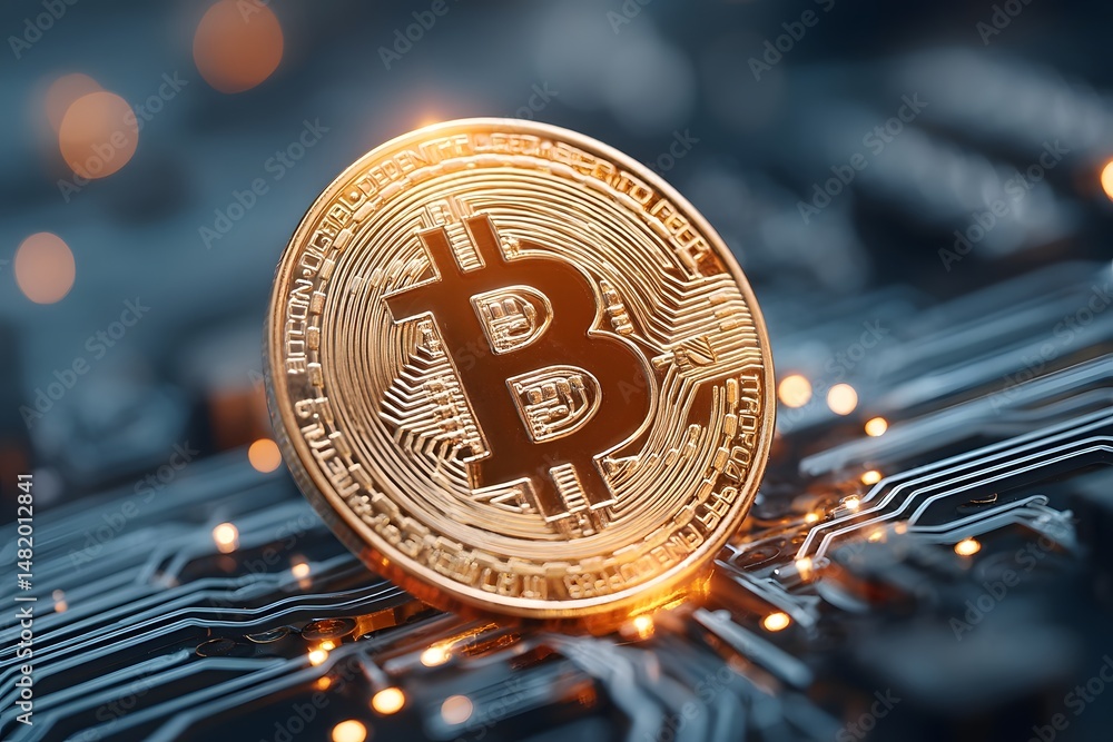 Poster glowing bitcoin coin on abstract circuit board background