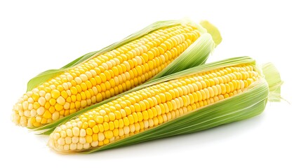 Two Fresh Corn Cobs with Green Husks Displayed on White Surface, CloseUp View