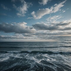 Fototapeta premium Stormy clouds dominate the horizon over the vast, wavy seascape under a cloudy sky
