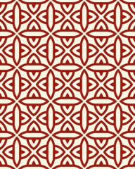 Abstract design showcases a repeating geometric pattern with red shapes on a cream background, ideal for home decor or fashion