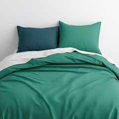 Cozy Bed with Stylish Green and Teal Bedding in Minimalist Room