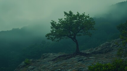 Obraz premium Lonely tree stands on rocky hillside in foggy mountains during early morning light