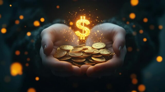 輝くドル記号と金貨を持つ手