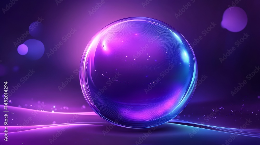 Poster abstract glowing purple and blue sphere with dynamic lines and bokeh background representing futuris