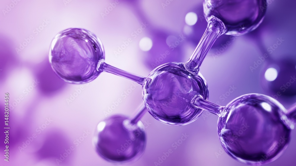 Poster abstract purple molecular structure with connected atoms and dynamic network design on dark backgrou