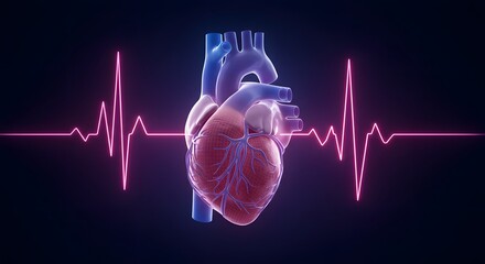 Anatomical illustration of a human heart with waveform representation