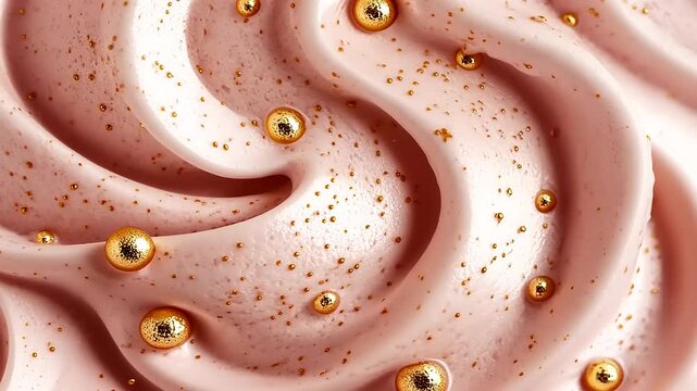 Swirls of pink frosting with golden sprinkles, creating a luxurious and decadent texture