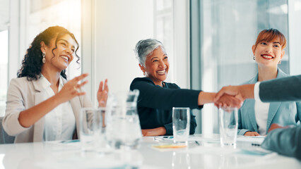 Business people, applause and handshake at office with meeting, profit and goals at finance agency....