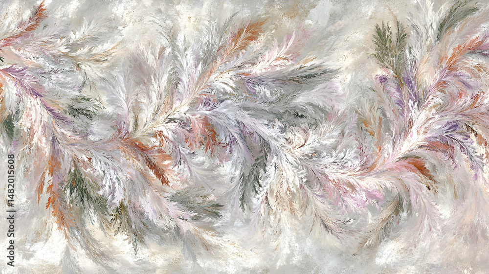 Poster abstract fractal art featuring swirling, feathery patterns in soft pastel colors; ideal for backgrou