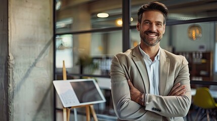 Fototapeta premium Portrait of a smiling man in a suit standing with arms crossed in a modern office environment setting