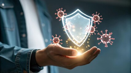 A hand holds a glowing digital shield surrounded by virus particles, symbolizing immunity and protection. - Powered by Adobe