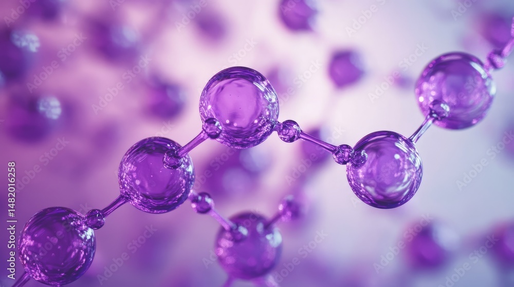 Poster abstract purple molecular structure with connected atoms and dynamic network design on dark backgrou