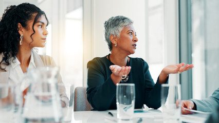 Business, people and meeting with discussion in office for funding negotiation, investment opportunity and feedback. Financial investor, group and b2b collaboration with dividend and risk management