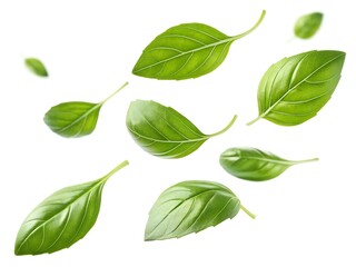 Fototapeta premium Falling basil leaves isolated on white background. A bunch of green leaves flying through the air.