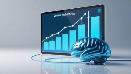 AI learning tools virtual classroom concept. A digital brain is connected to a tablet showing a rising bar chart titled "Learning Metrics," symbolizing data-driven learning and AI.