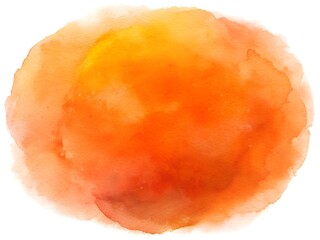 Orange watercolor background. A splash of orange paint on a white background. The orange paint is splattered and has a messy appearance.