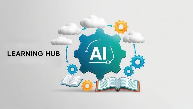 AI learning tools virtual classroom concept. AI-themed learning hub graphic with gears, clouds, open books, and "AI" in the center, representing artificial intelligence education and cloud technology.