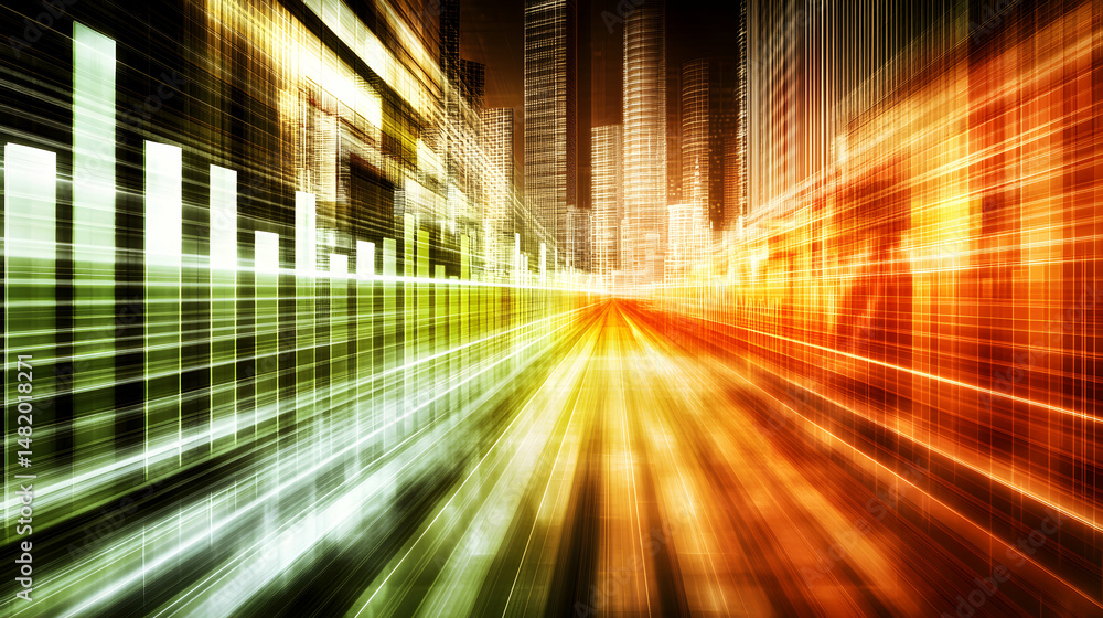 Poster abstract cityscape with dynamic data visualization, showcasing technological advancement and urban g